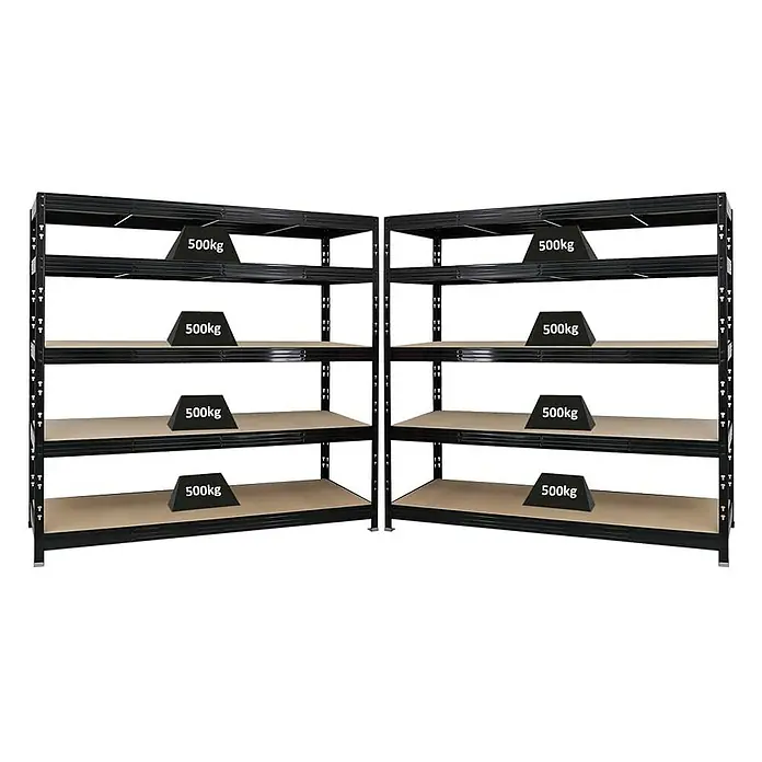 Proregal Schwerlastregal Mega Deal Profi RHINO - Traglast pro Boden: 500 kg, Anzahl Böden: 5 Stk., Stecken, Schwarz - Zwei schwarze Metallregale mit jeweils vier Regalböden, belastet mit Gewichten, die das Gewicht angeben.
