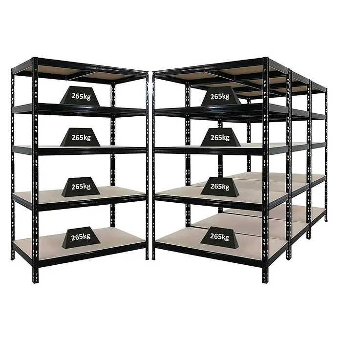 Proregal Schwerlastregal Mega Deal 4x Tiger - H x B x T: 180 x 120 x 60 cm, Traglast pro Boden: 265 kg, Anzahl Böden: 5 Stk., Stecken, Schwarz - Schwarzes Schwerlastregal mit fünf Regalböden, belastet mit Gewichten, für Lagerung und Organisation im Lager oder Keller.