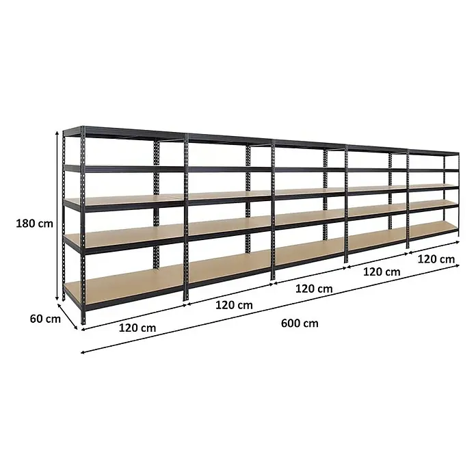 Proregal Schwerlastregal Mega Deal Rivet - Traglast pro Boden: 250 kg, Anzahl Böden: 5 Stk., Stecken, Schwarz - Abbildung eines langen, modularen Schwerlastregalsystems in Schwarz mit Holzregalböden, das sich ideal für Lager- und Garagenräume eignet.