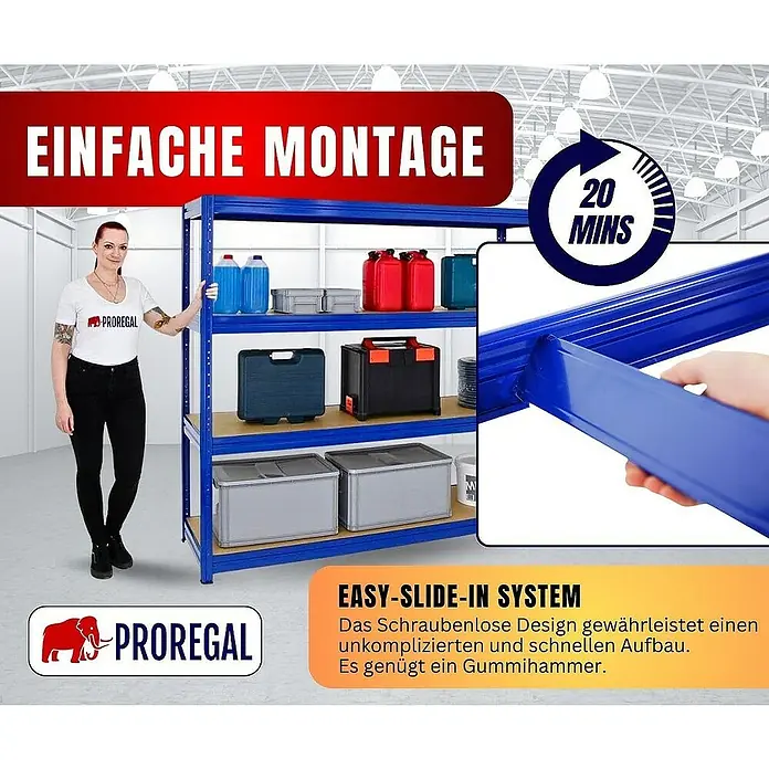 Proregal Schwerlastregal DINO - H x B x T: 180 x 180 x 60 cm, Traglast pro Boden: 500 kg, Anzahl Böden: 4 Stk., Stecken, Blau - Das Bild zeigt ein blaues Proregal-Lagersystem mit dem Slogan "Einfache Montage" und dem Hinweis auf ein einfaches Einschiebesystem.