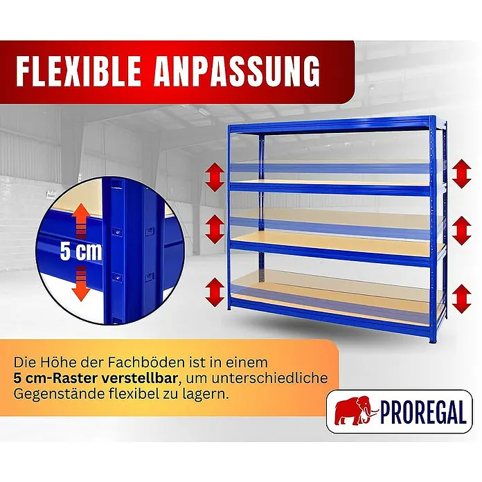 Proregal Schwerlastregal DINO - H x B x T: 180 x 180 x 60 cm, Traglast pro Boden: 500 kg, Anzahl Böden: 4 Stk., Stecken, Blau - Das Bild zeigt ein blaues Lagerregal mit verstellbaren Fachböden im Abstand von 5 cm für flexible Lagerung.