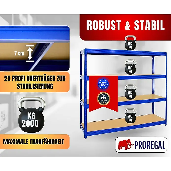 Proregal Schwerlastregal DINO - H x B x T: 180 x 180 x 60 cm, Traglast pro Boden: 500 kg, Anzahl Böden: 4 Stk., Stecken, Blau - Produktbild eines robusten und stabilen Lagerregals mit einer maximalen Tragfähigkeit von 2000 kg.