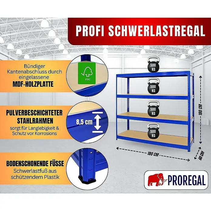 Proregal Schwerlastregal DINO - H x B x T: 180 x 180 x 60 cm, Traglast pro Boden: 500 kg, Anzahl Böden: 4 Stk., Stecken, Blau - Schwerlastregal mit vier Regalböden, pulverbeschichtetem Stahlrahmen und MDF-Holzplatten, ideal für Lagerung und Ordnung.