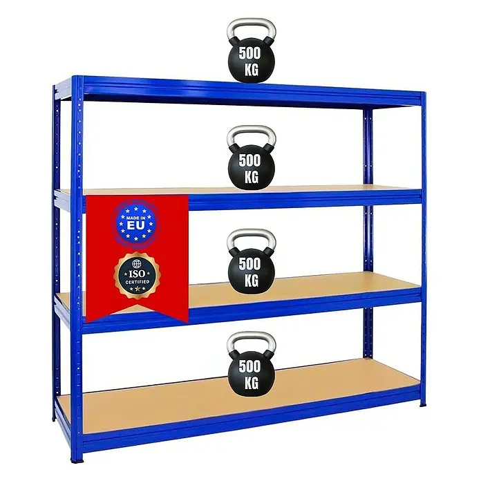 Proregal Schwerlastregal DINO - H x B x T: 180 x 180 x 60 cm, Traglast pro Boden: 500 kg, Anzahl Böden: 4 Stk., Stecken, Blau - Ein blaues Schwerlastregal mit vier Ebenen, wobei jede Ebene mit einer 500 kg schweren Kettlebell belastet ist, was die Stabilität betont.