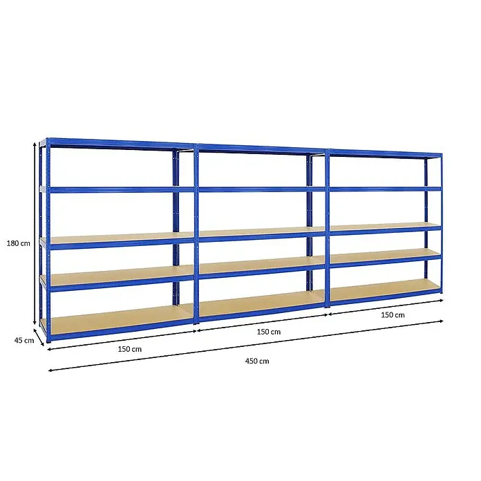 Proregal Schwerlastregal Mega Deal Giant Elephant - H x B x T: 180 x 150 x 45 cm, Traglast pro Boden: 200 kg, Anzahl Böden: 5 Stk., Stecken, Blau - Regal mit vier Ablagen aus blauem Metall und hellem Holz mit den Maßen 180x45x150 cm, die Gesamtlänge beträgt 450 cm.