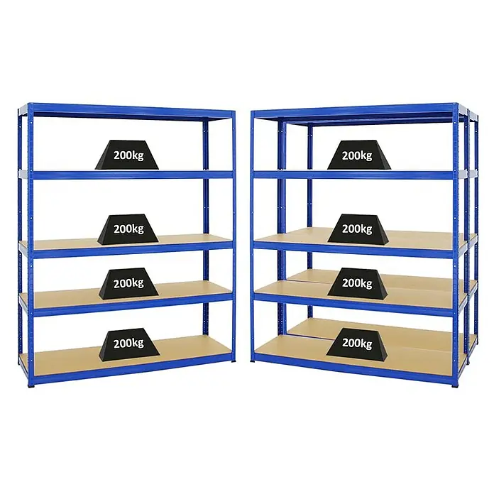 Proregal Schwerlastregal Mega Deal Giant Elephant - H x B x T: 180 x 150 x 45 cm, Traglast pro Boden: 200 kg, Anzahl Böden: 5 Stk., Stecken, Blau - Bild von zwei blauen Regalen mit 200 kg Gewichten.