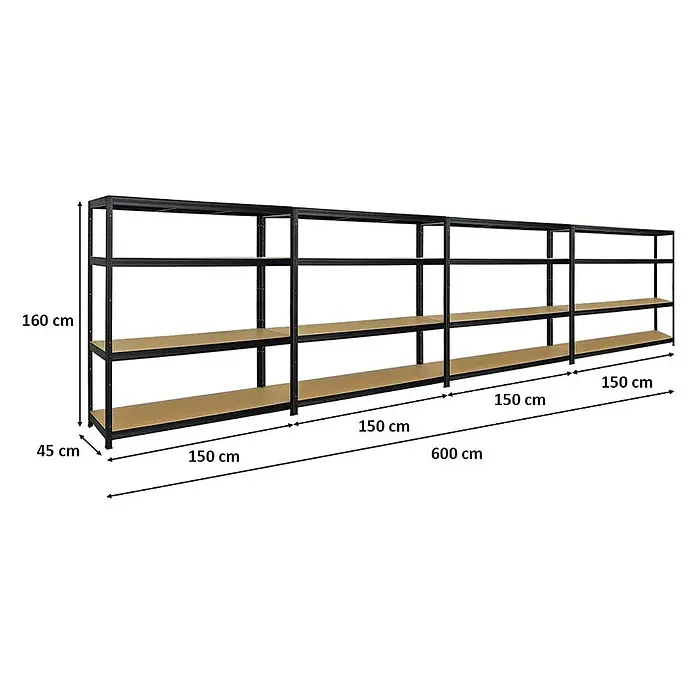 Proregal Schwerlastregal Mega Deal Giant Elephant - Traglast pro Boden: 200 kg, Anzahl Böden: 4 Stk., Stecken, Schwarz - Bild einer langen, modularen Lagerregalkombination aus Metall mit vier Regalebenen und einer Gesamtlänge von 600 cm.
