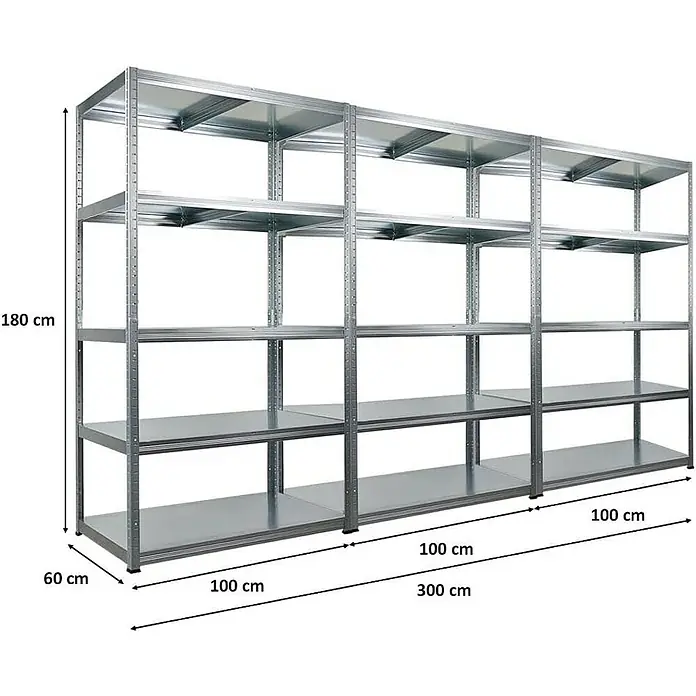 Proregal Metallregal Mega Deal Steel Eagle - Traglast pro Boden: 130 kg, Anzahl Böden: 5 Stk., Stecken, Verzinkt - Abbildung eines Metallregals mit mehreren Ebenen und genauen Maßangaben für Höhe, Breite und Tiefe.