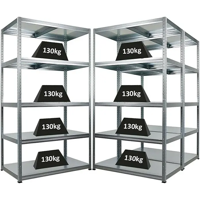 Proregal Metallregal Mega Deal Steel Eagle - Traglast pro Boden: 130 kg, Anzahl Böden: 5 Stk., Stecken, Verzinkt - Zwei silberne Metallregale mit fünf Ebenen, jede mit einem schwarzen Gewicht von 130 kg belastet. Ideal für Lager und Werkstatt.