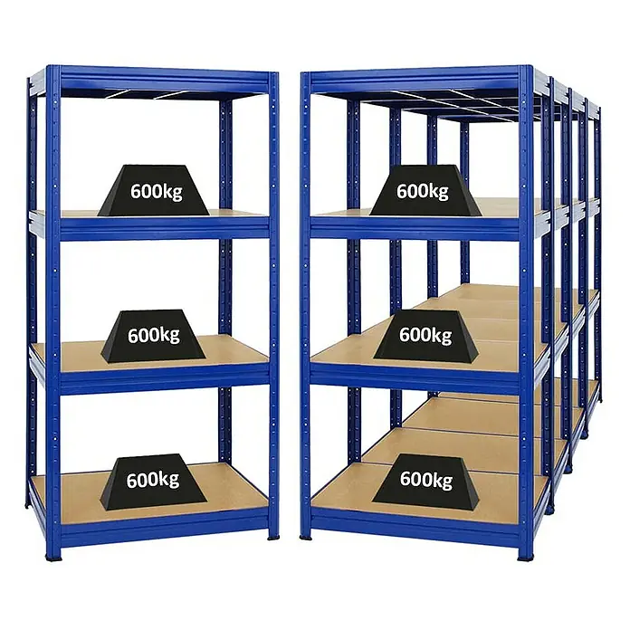 Proregal Schwerlastregal Mega Deal DINO - H x B x T: 180 x 90 x 60 cm, Traglast pro Boden: 600 kg, Anzahl Böden: 4 Stk., Stecken, Blau - Das Bild zeigt blaue Schwerlastregale, die jeweils mit Gewichten von 600 kg belastet sind. Robuste Lagerlösung.