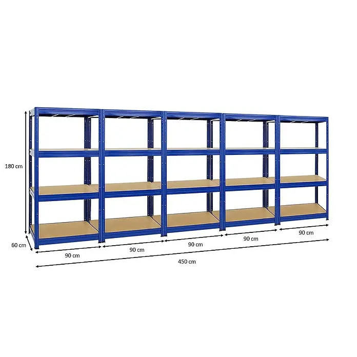 Proregal Schwerlastregal Mega Deal DINO - H x B x T: 180 x 90 x 60 cm, Traglast pro Boden: 600 kg, Anzahl Böden: 4 Stk., Stecken, Blau - Blaue Regaleinheit mit vier Regalen und Maßangaben für Höhe, Breite und Tiefe, ideal für Lagerung und Organisation.