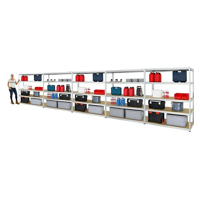 Proregal Schwerlastregal Mega Deal Giant Elephant - H x B x T: 180 x 150 x 60 cm, Traglast pro Boden: 200 kg, Anzahl Böden: 5 Stk., Stecken, Verzinkt - Ansicht eines Regalsystems mit robusten Regalen zur Aufbewahrung von Werkzeugen und Zubehör, ideal für Garage oder Werkstatt.