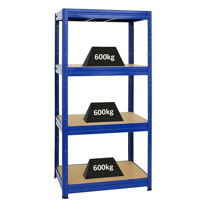 Proregal Schwerlastregal Mega Deal DINO - H x B x T: 180 x 90 x 60 cm, Traglast pro Boden: 600 kg, Anzahl Böden: 4 Stk., Stecken, Blau - Ein blaues Schwerlastregal mit drei Ebenen, jede mit einem schwarzen Gewicht von 600 kg belastet, für hohe Lageranforderungen.