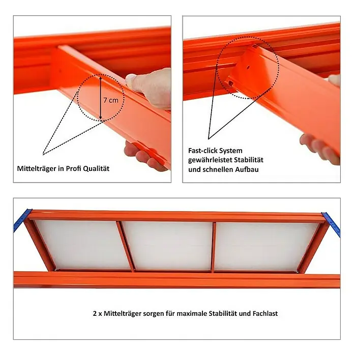 Proregal Schwerlastregal Mega Deal DINO - H x B x T: 180 x 200 x 60 cm, Traglast pro Boden: 500 kg, Anzahl Böden: 4 Stk., Stecken, Blau-Orange - Produktansicht eines orangefarbenen Fachbodens mit Schnellklick-System für Stabilität und einfache Montage. Zwei Mittelträger sorgen für Fachlast.