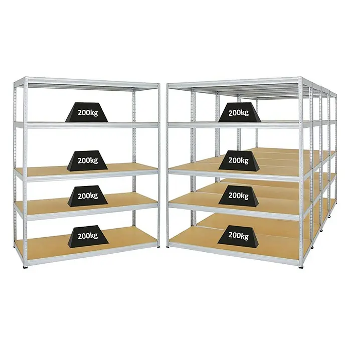 Proregal Schwerlastregal Mega Deal Giant Elephant - H x B x T: 180 x 150 x 60 cm, Traglast pro Boden: 200 kg, Anzahl Böden: 5 Stk., Stecken, Verzinkt - Zwei Schwerlastregale, jeweils mit 200 kg belastet, zeigen die Stabilität und Kapazität für Lagerlösungen.