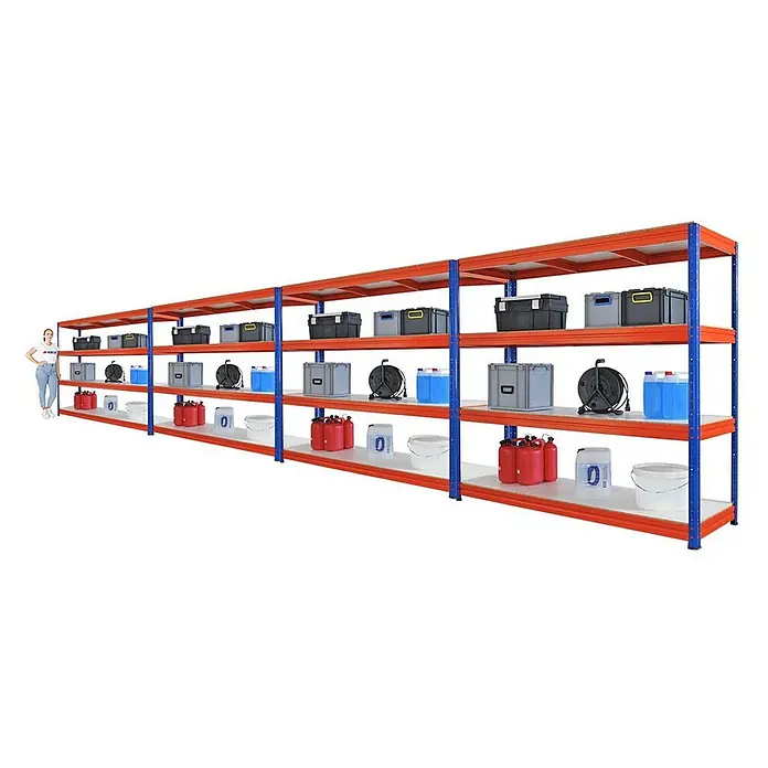 Proregal Schwerlastregal Mega Deal DINO - H x B x T: 180 x 200 x 60 cm, Traglast pro Boden: 500 kg, Anzahl Böden: 4 Stk., Stecken, Blau-Orange - Eine lange Lagerregalkonstruktion mit vier Regalebenen, die verschiedene Gegenstände beherbergen und eine effiziente Organisation bietet.