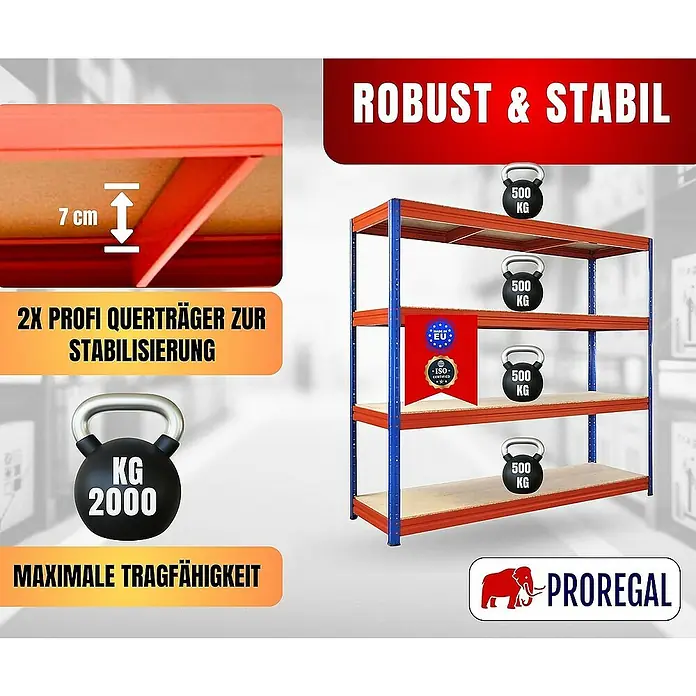 Proregal Schwerlastregal DINO - Traglast pro Boden: 500 kg, Anzahl Böden: 4 Stk., Stecken, Blau-Orange - Produktbild eines robusten und stabilen Regalsystems mit vier Ebenen und hoher Tragfähigkeit.