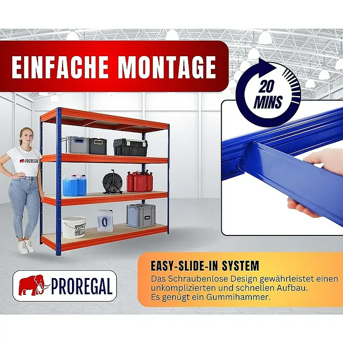 Proregal Schwerlastregal DINO - Traglast pro Boden: 500 kg, Anzahl Böden: 4 Stk., Stecken, Blau-Orange - Produktbild eines Proregal-Lagersystems mit einfacher Montage und Easy-Slide-In-System, das einen schnellen Aufbau mit nur einem Gummihammer ermöglicht.