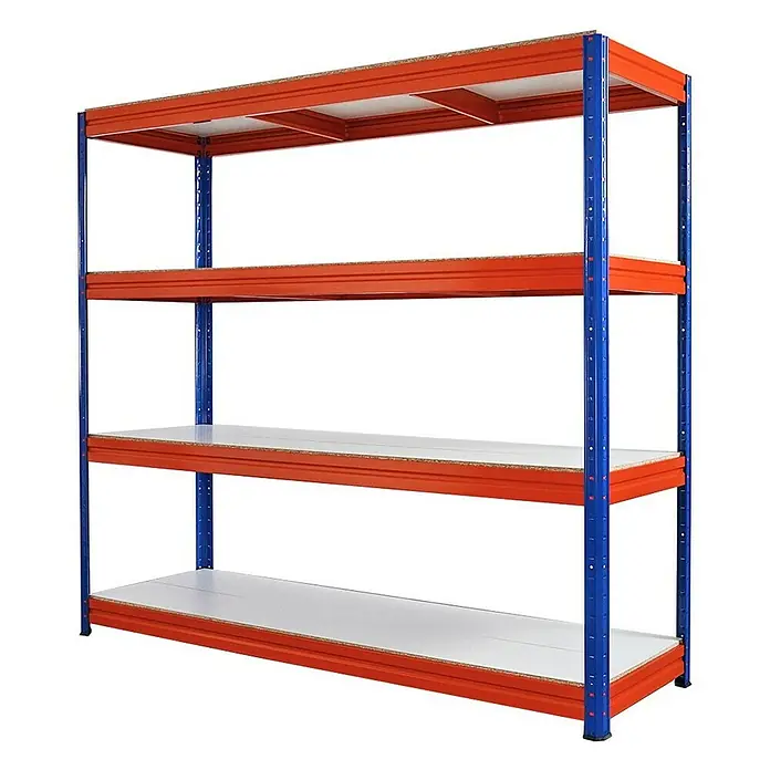 Proregal Schwerlastregal Mega Deal DINO - H x B x T: 180 x 200 x 60 cm, Traglast pro Boden: 500 kg, Anzahl Böden: 4 Stk., Stecken, Blau-Orange - Ein stabiles, vierstufiges Lagerregal mit blauen Metallpfosten und orangefarbenen Regalböden, ideal für Lagerung und Organisation.