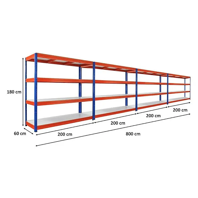 Proregal Schwerlastregal Mega Deal DINO - H x B x T: 180 x 200 x 60 cm, Traglast pro Boden: 500 kg, Anzahl Böden: 4 Stk., Stecken, Blau-Orange - Langes, robustes Lagerregal in Orange und Blau mit vier Ebenen und den Maßen 180cm Höhe, 60cm Tiefe und 800cm Länge.