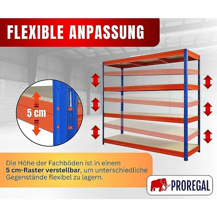 Proregal Schwerlastregal DINO - Traglast pro Boden: 500 kg, Anzahl Böden: 4 Stk., Stecken, Blau-Orange - Abbildung eines Regals mit flexibler Anpassung der Fachböden im 5 cm-Raster für unterschiedliche Gegenstände.