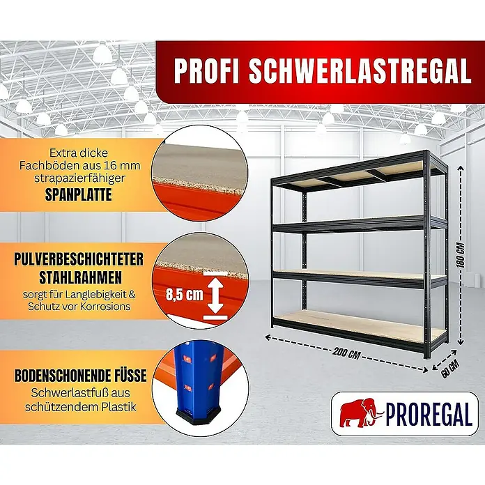 Proregal Schwerlastregal DINO - Traglast pro Boden: 500 kg, Anzahl Böden: 4 Stk., Stecken, Blau-Orange - Abbildung eines Profi Schwerlastregals mit extra dicken Fachböden, pulverbeschichtetem Stahlrahmen und bodenschonenden Füssen.