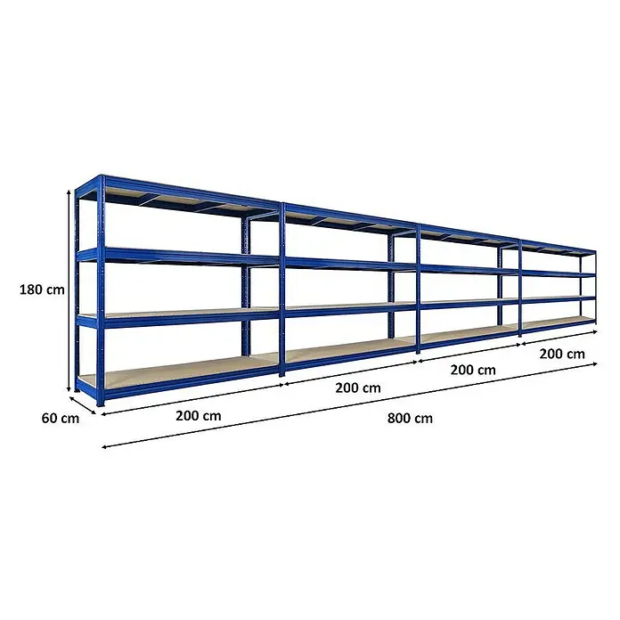 Proregal Schwerlastregal Mega Deal DINO - Traglast pro Boden: 500 kg, Anzahl Böden: 4 Stk., Stecken, Blau - Regal mit 4 Ebenen, blau, 180 cm hoch, 60 cm tief und 800 cm breit. Ideal für Lagerung und Organisation in Werkstatt oder Keller.