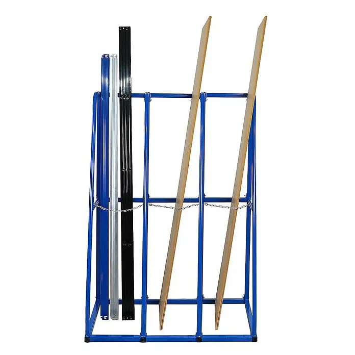 Proregal Kragarmregal Vertikalregal RHINO - H x B x T: 150 x 102 x 60 cm, Schrauben, Blau - Bild zeigt ein blaues Gestell mit Holzplatten und Metallprofilen. Ideal zur Lagerung von Plattenmaterialien in Werkstätten.