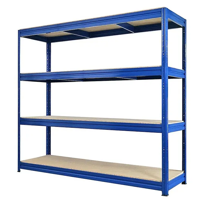 Proregal Schwerlastregal Mega Deal DINO - Traglast pro Boden: 500 kg, Anzahl Böden: 4 Stk., Stecken, Blau - Lagerregal mit vier Ablagen aus Holz und blauem Metallgestell. Ideal für Werkstatt, Garage oder Lagerraum zur geordneten Aufbewahrung.