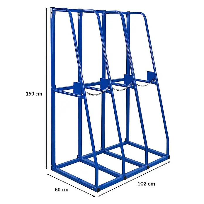 Proregal Kragarmregal Vertikalregal RHINO - H x B x T: 150 x 102 x 60 cm, Schrauben, Blau - Abbildung eines blauen Gasflaschenregals mit den Maßen 150 cm Höhe, 60 cm Breite und 102 cm Tiefe.