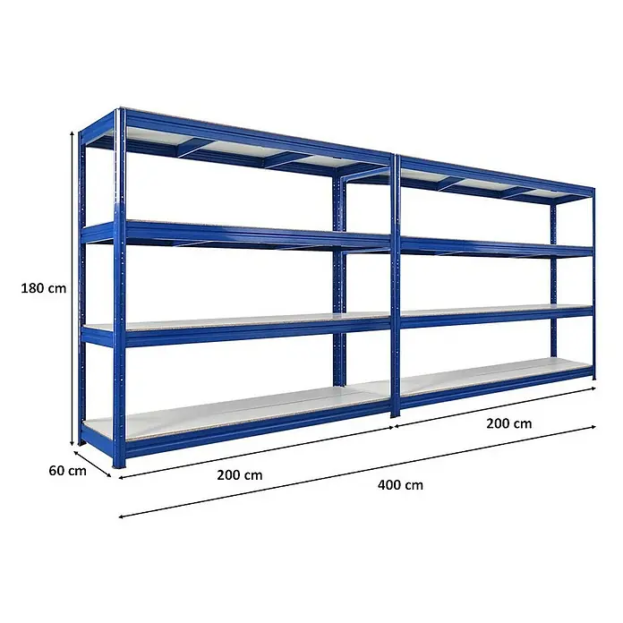 Proregal Schwerlastregal Mega Deal DINO - Traglast pro Boden: 500 kg, Anzahl Böden: 4 Stk., Stecken, Blau - Bild eines blauen Metallregals mit vier Regalböden. Abmessungen: 180 cm Höhe, 60 cm Tiefe und 400 cm Breite.