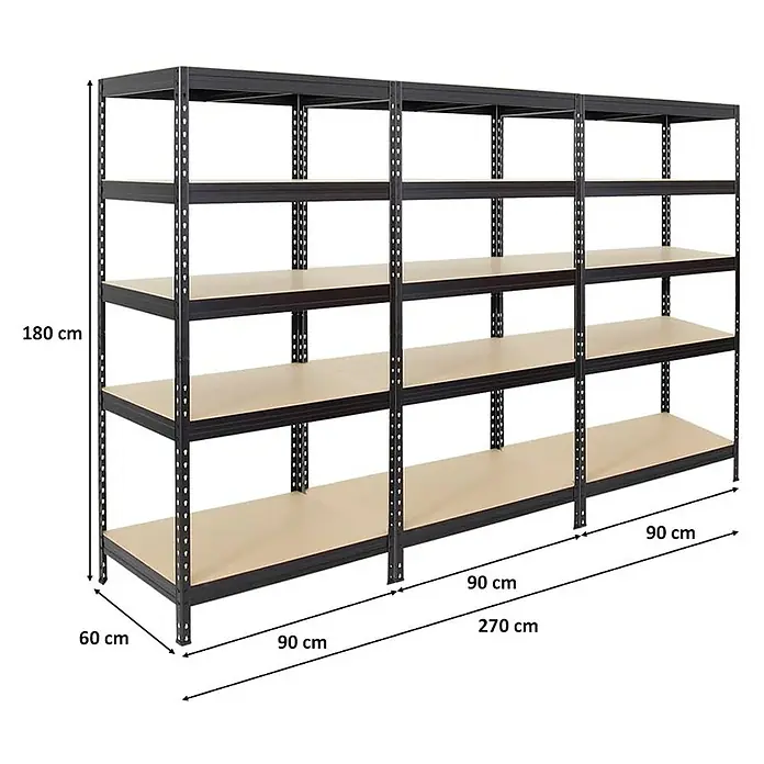 Proregal Schwerlastregal Mega Deal Rivet - H x B x T: 180 x 90 x 60 cm, Traglast pro Boden: 250 kg, Anzahl Böden: 5 Stk., Stecken, Schwarz - Abbildung eines schwarzen Metallregals mit Holzregalböden und Maßangaben zur Veranschaulichung der Abmessungen.