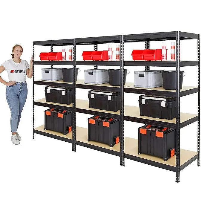 Proregal Schwerlastregal Mega Deal Rivet - H x B x T: 180 x 90 x 60 cm, Traglast pro Boden: 250 kg, Anzahl Böden: 5 Stk., Stecken, Schwarz - Regalsystem mit Metallrahmen und Regalböden aus Holz mit Lagerbehältern in verschiedenen Größen und Farben für die Lagerung.