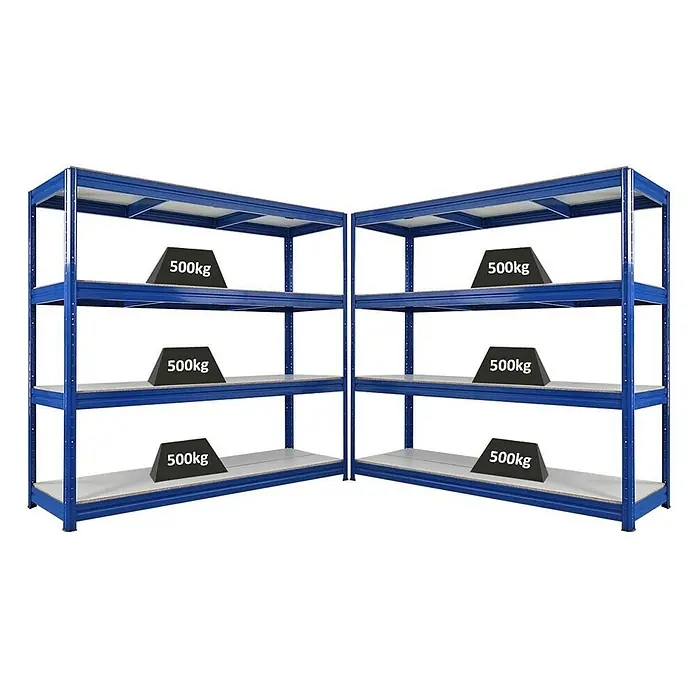 Proregal Schwerlastregal Mega Deal DINO - Traglast pro Boden: 500 kg, Anzahl Böden: 4 Stk., Stecken, Blau - Zwei blaue Schwerlastregale mit jeweils vier Ebenen, beladen mit Gewichten von 500 kg, stehen nebeneinander.