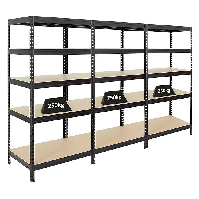Proregal Schwerlastregal Mega Deal Rivet - H x B x T: 180 x 90 x 60 cm, Traglast pro Boden: 250 kg, Anzahl Böden: 5 Stk., Stecken, Schwarz - Abbildung eines Schwerlastregals mit mehreren Regalböden, die jeweils mit 250 kg Gewicht belastet sind. Ideal für Lagerhaltung.