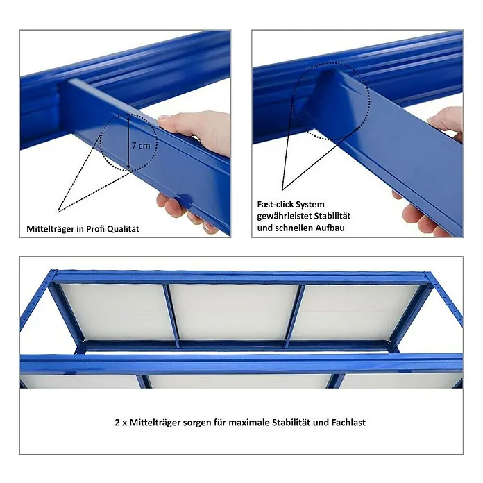 Proregal Schwerlastregal Mega Deal DINO - Traglast pro Boden: 500 kg, Anzahl Böden: 4 Stk., Stecken, Blau - Detailaufnahme des blauen Regalsystems mit Mittelträgern, die für Stabilität sorgen. Das Fast-Click-System ermöglicht einen schnellen Aufbau.