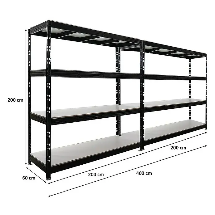 Proregal Schwerlastregal Mega Deal Profi RHINO - Traglast pro Boden: 500 kg, Anzahl Böden: 4 Stk., Stecken, Schwarz - Abbildung eines Regalsystems mit Abmessungen. Das Regalsystem ist schwarz und hat vier Ebenen.