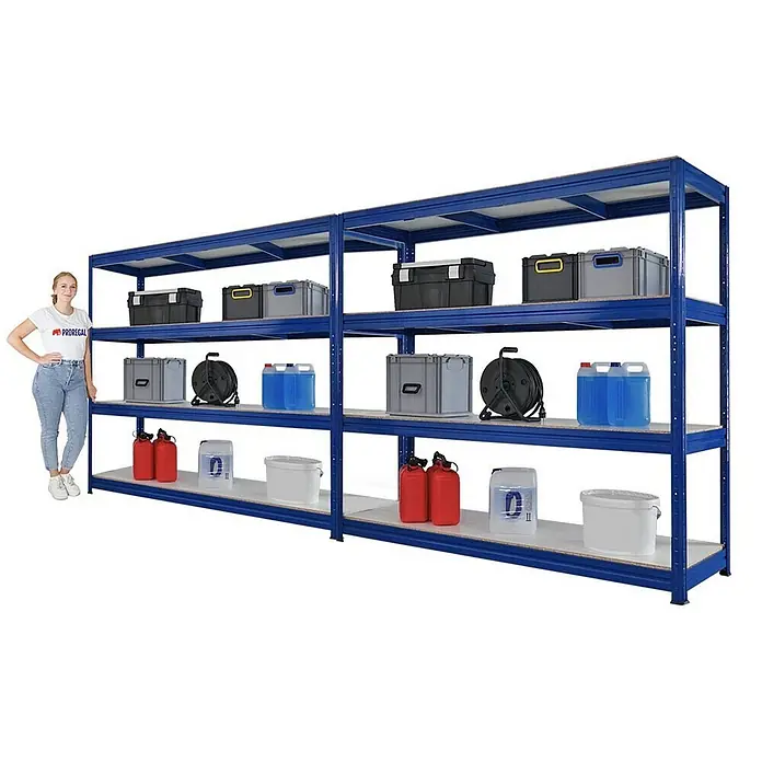 Proregal Schwerlastregal Mega Deal DINO - Traglast pro Boden: 500 kg, Anzahl Böden: 4 Stk., Stecken, Blau - Lagerregal mit vier Ebenen, beladen mit Kisten, Kanistern und anderem Zubehör, ideal für Garage oder Werkstatt.