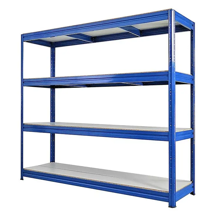 Proregal Schwerlastregal Mega Deal DINO - Traglast pro Boden: 500 kg, Anzahl Böden: 4 Stk., Stecken, Blau - Das Bild zeigt ein blaues Regal mit vier Ebenen und stabilen Holzplatten, ideal für Lagerung und Ordnung in Garage oder Keller.
