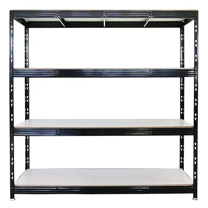 Proregal Schwerlastregal Mega Deal Profi RHINO - Traglast pro Boden: 500 kg, Anzahl Böden: 4 Stk., Stecken, Schwarz - Abbildung eines schwarzen Metallregals mit vier Regalböden, ideal für Lagerung und Organisation.