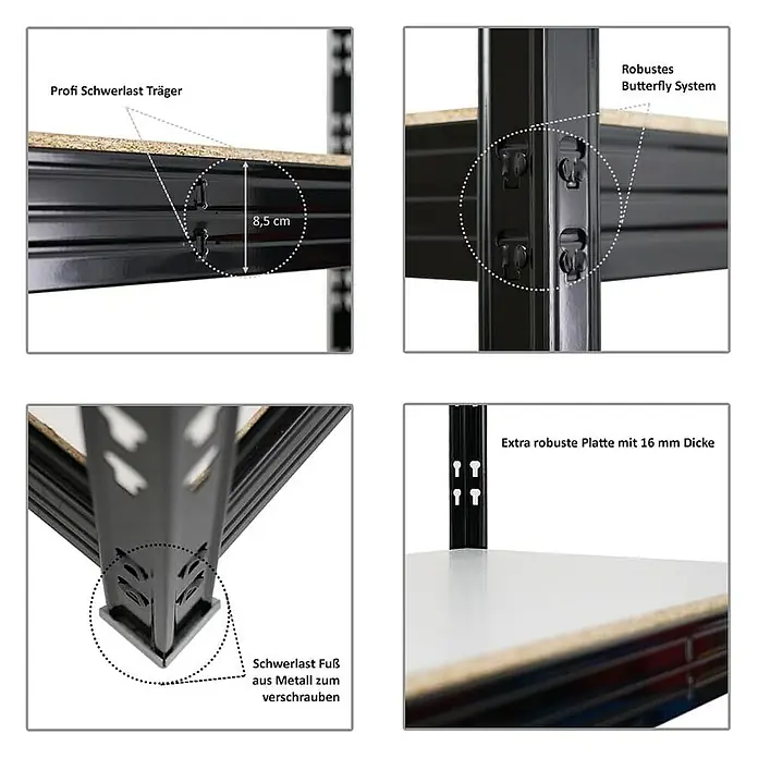 Proregal Schwerlastregal Mega Deal Profi RHINO - Traglast pro Boden: 500 kg, Anzahl Böden: 4 Stk., Stecken, Schwarz - Schwerlastregal Details: Robuste Träger, Butterfly System, Metalfüße, 16mm Platte.