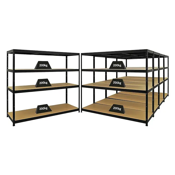 Proregal Schwerlastregal Mega Deal Giant Elephant - H x B x T: 160 x 180 x 60 cm, Traglast pro Boden: 200 kg, Anzahl Böden: 4 Stk., Stecken, Schwarz - Regal mit schwarzem Metallrahmen und Regalböden, auf denen Gewichte von 200 kg platziert sind, die die Tragfähigkeit des Regals demonstrieren.