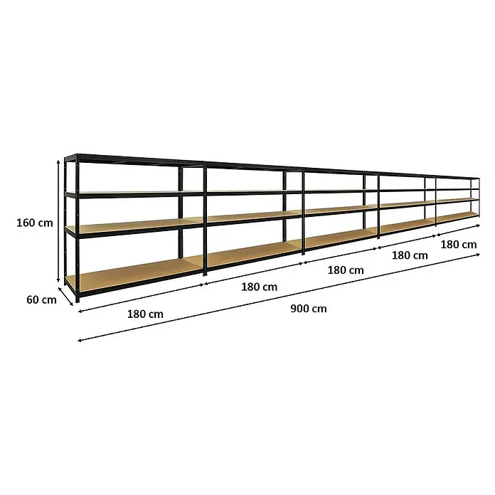 Proregal Schwerlastregal Mega Deal Giant Elephant - H x B x T: 160 x 180 x 60 cm, Traglast pro Boden: 200 kg, Anzahl Böden: 4 Stk., Stecken, Schwarz - Aufnahme eines langen, mehrschichtigen Lagerregals aus Metall mit Holzregalen in einer Lagerhalle oder Garage.