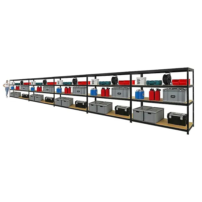 Proregal Schwerlastregal Mega Deal Giant Elephant - H x B x T: 160 x 180 x 60 cm, Traglast pro Boden: 200 kg, Anzahl Böden: 4 Stk., Stecken, Schwarz - Abbildung eines langen, schwarzen Metallregals mit vier Ebenen, gefüllt mit verschiedenfarbigen Aufbewahrungsbehältern und Boxen.