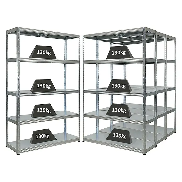 Proregal Metallregal Mega Deal Steel Eagle - Traglast pro Boden: 130 kg, Anzahl Böden: 5 Stk., Stecken, Verzinkt - Zwei Metallregale mit jeweils fünf Ebenen, auf denen Gewichte von 130 kg platziert sind. Robuste Lagerlösung für schwere Lasten.