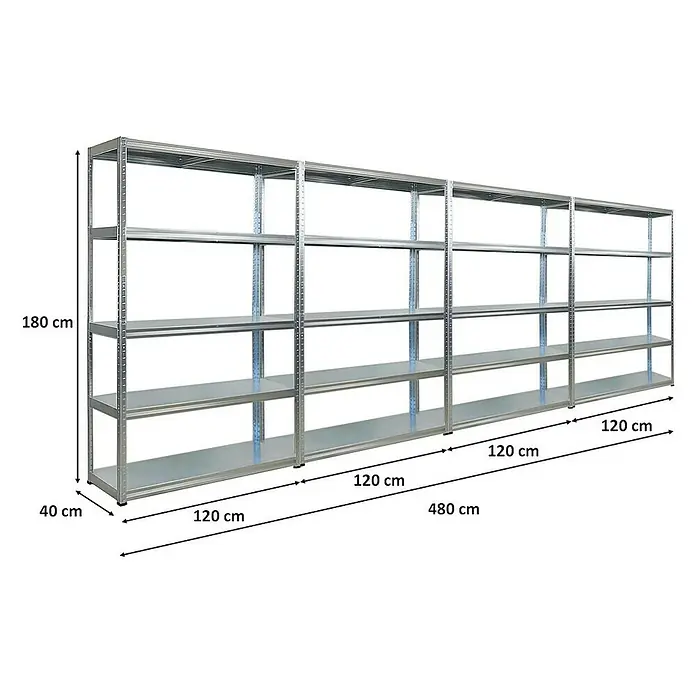 Proregal Metallregal Mega Deal Steel Eagle - Traglast pro Boden: 130 kg, Anzahl Böden: 5 Stk., Stecken, Verzinkt - Bild eines modularen Schwerlastregals aus Metall mit fünf Ebenen, 180 cm hoch und 480 cm breit.