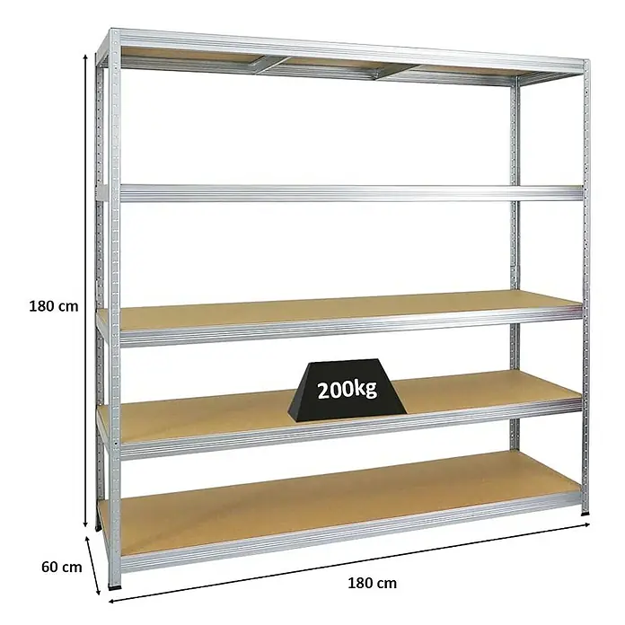 Proregal Schwerlastregal Giant Elephant - Traglast pro Boden: 200 kg, Anzahl Böden: 5 Stk., Stecken, Verzinkt - Metallregal mit fünf Regalböden, belastbar bis 200 kg, Abmessungen 180x60x180 cm, ideal für Lagerung und Ordnung.