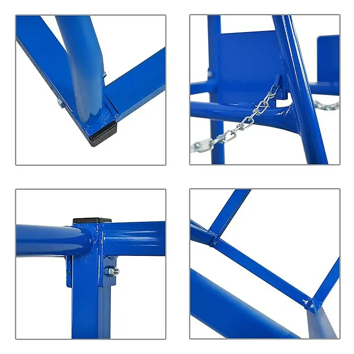 Proregal Kragarmregal Vertikalregal RHINO - H x B x T: 150 x 168 x 60 cm, Schrauben, Blau - Nahaufnahme von Details eines blauen Metallprodukts mit verschiedenen Verbindungen und Befestigungen.