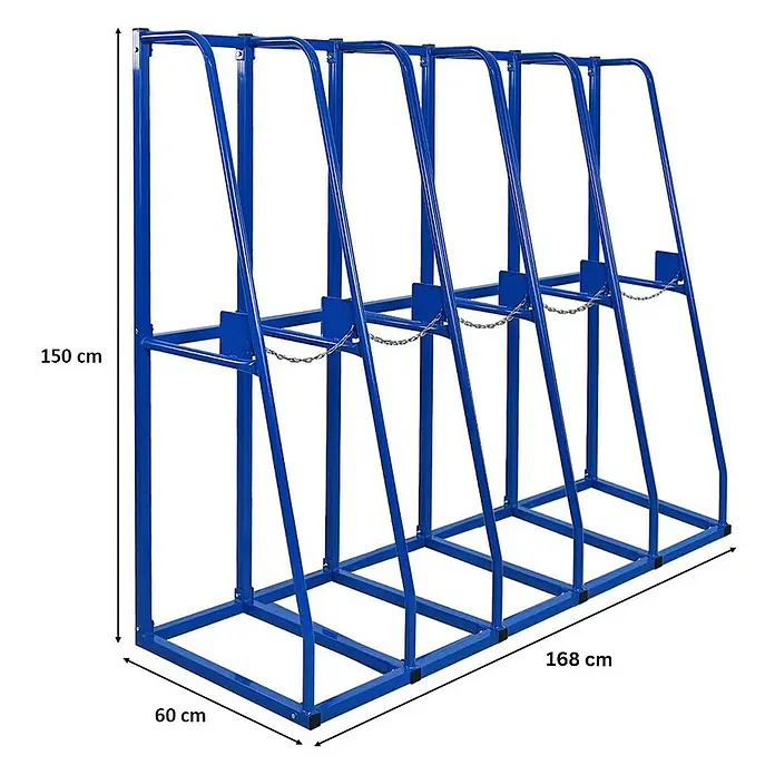 Proregal Kragarmregal Vertikalregal RHINO - H x B x T: 150 x 168 x 60 cm, Schrauben, Blau - Blaues Metallgestell mit mehreren Fächern zur Aufbewahrung von Gasflaschen, mit Maßangaben.