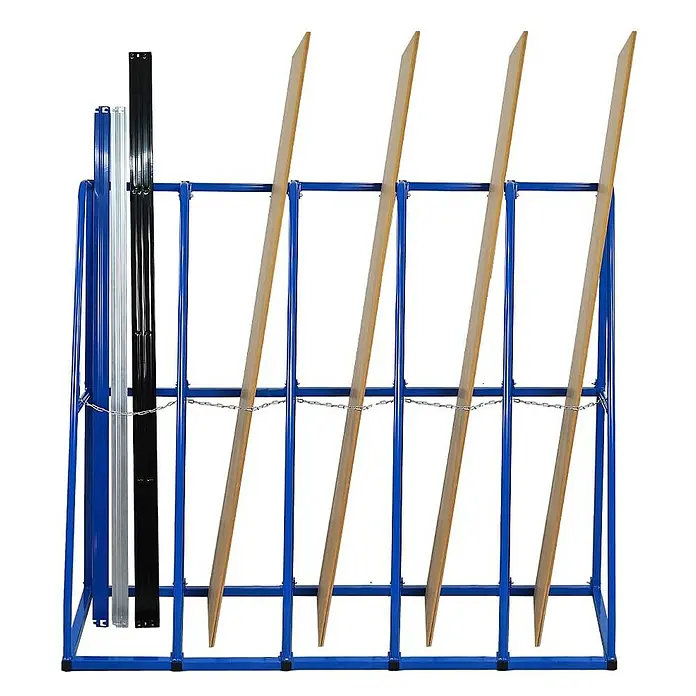 Proregal Kragarmregal Vertikalregal RHINO - H x B x T: 150 x 168 x 60 cm, Schrauben, Blau - Ein blaues Plattenregal mit mehreren Holzplatten und einigen Metallprofilen. Praktische Aufbewahrung für Werkstatt oder Lager.